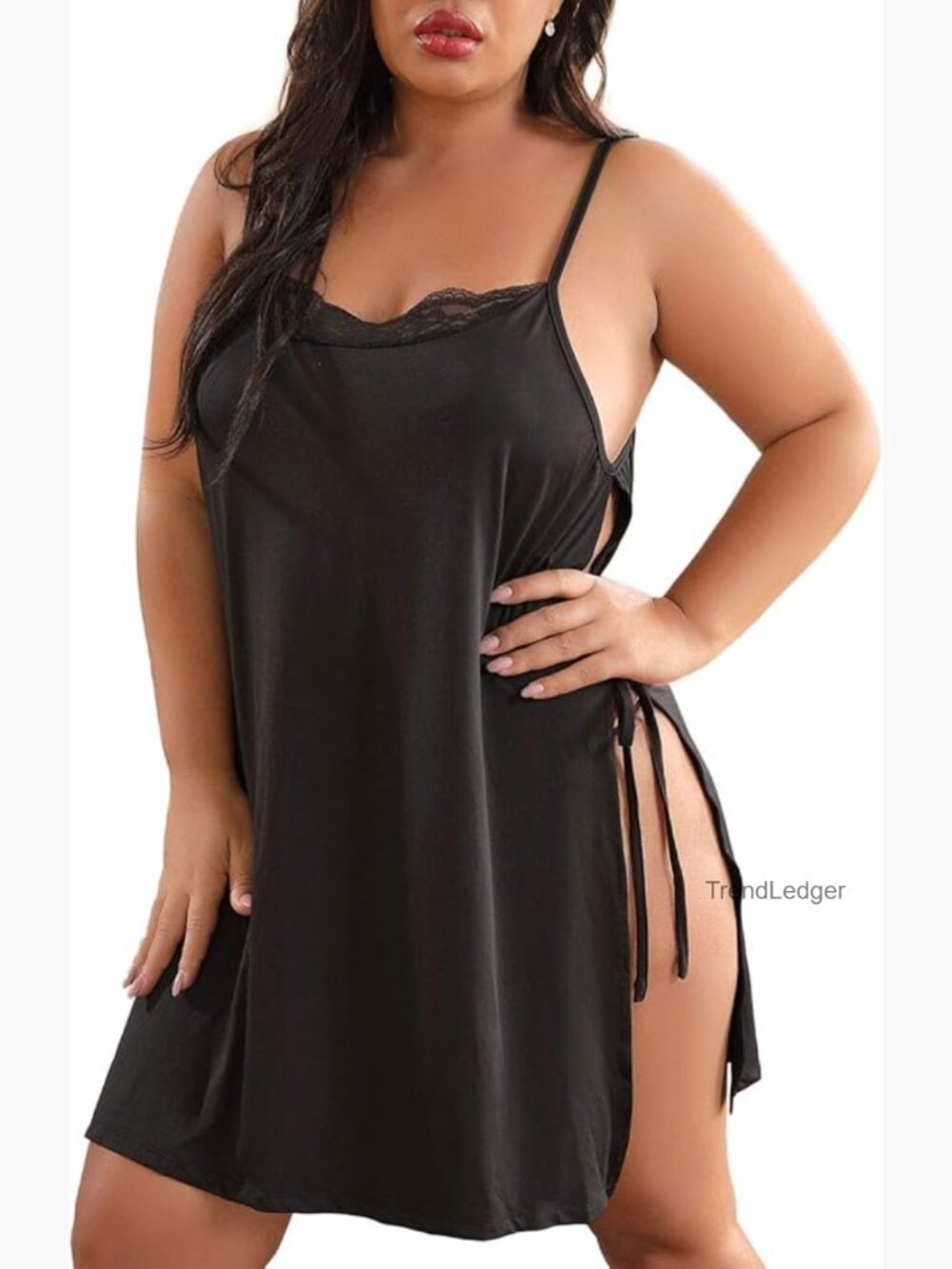Women Plus Size Lace Babydoll Lingerie Side Slit Strappy Chemise Slip